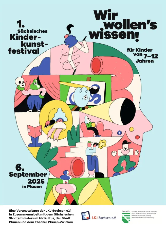 Kulturraum erleben – Blog – Kinderkunstfestival Ein buntes Plakat zum Thema Kinderkunstfestival zeigt die Comiczeichnung eines Kopfes mit vielen bunten integrierten Szenen.