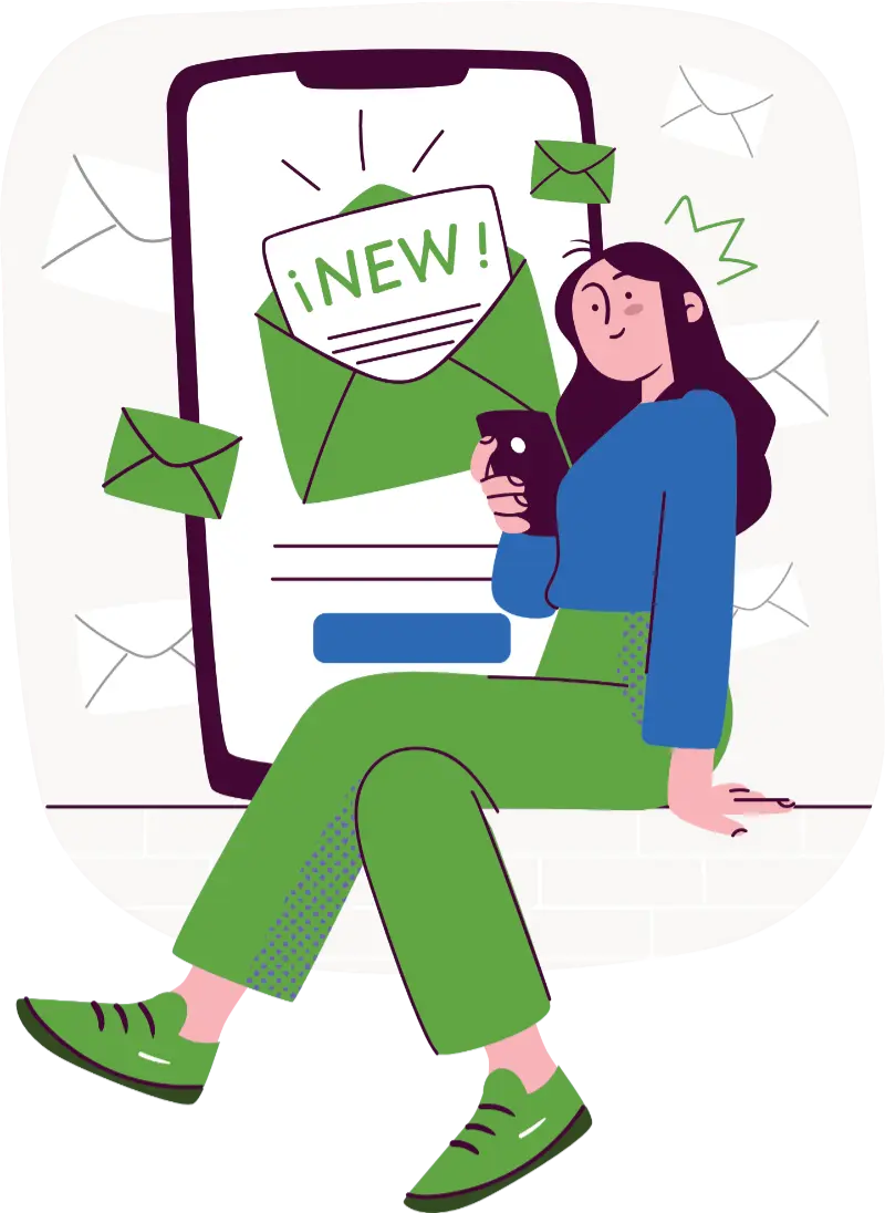 Eine comichafte Darstellung einer Frau, die vor einem großen Smartphone sitzt und selbst eines in der Hand hält.