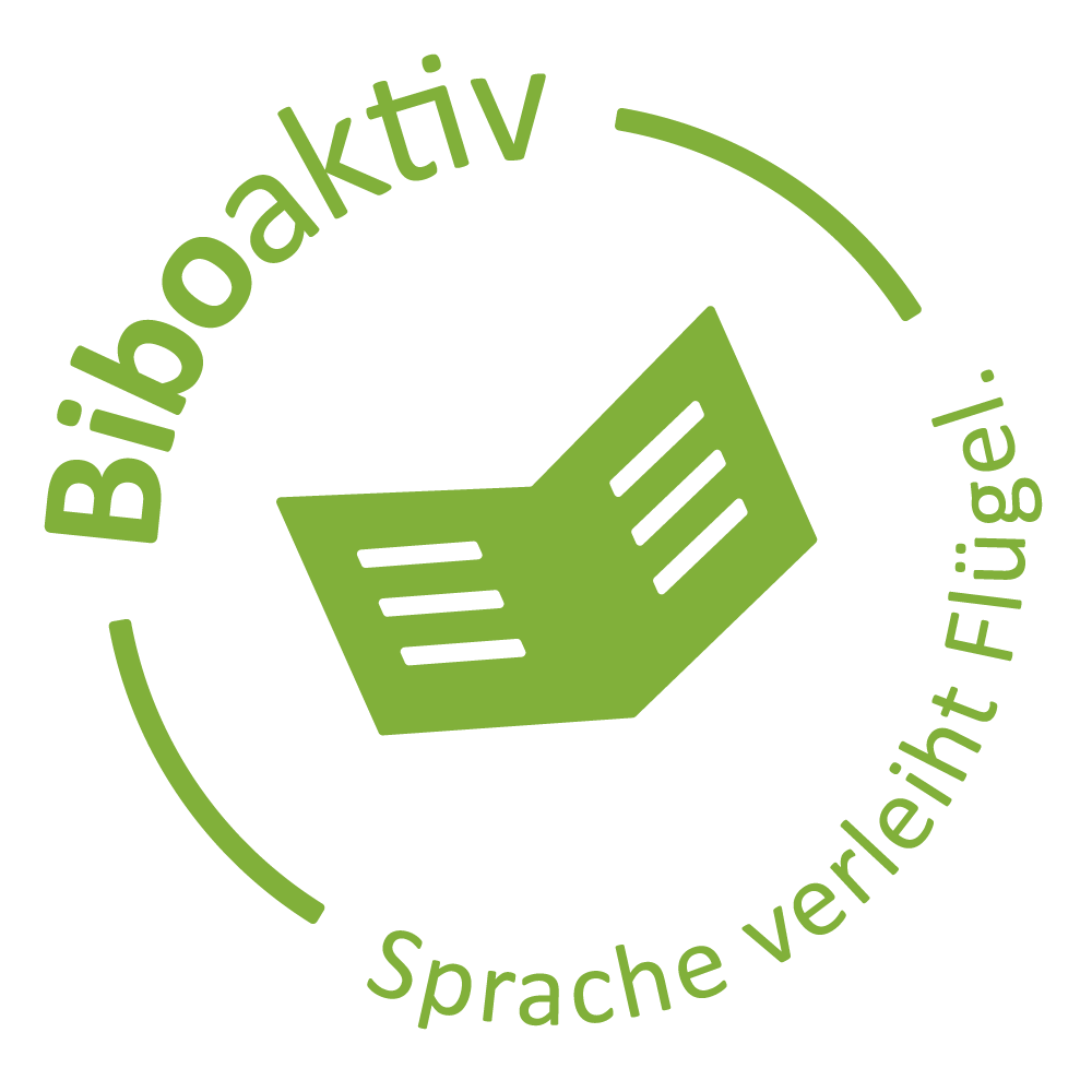 Logo mit grünem geöffneten Buchsymbol und grünem Schriftzug „Biboaktiv – Sprache verleiht Flügel.“ auf weißem Hintergrund.