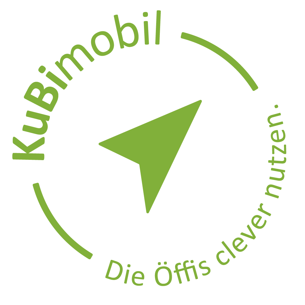 Logo mit grünem Richtungspfeil und dem grünen Schriftzug „KuBimobil – Die Öffis clever nutzen.“ auf weißem Hintergrund.
