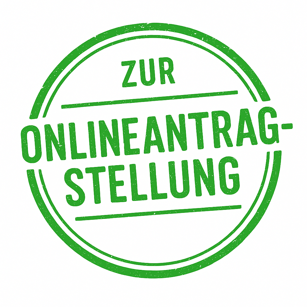 Grüner Stempel mit der Aufschrift ‚Zur Onlineantragstellung‘ zur Weiterleitung auf die dazugehörige Webseite